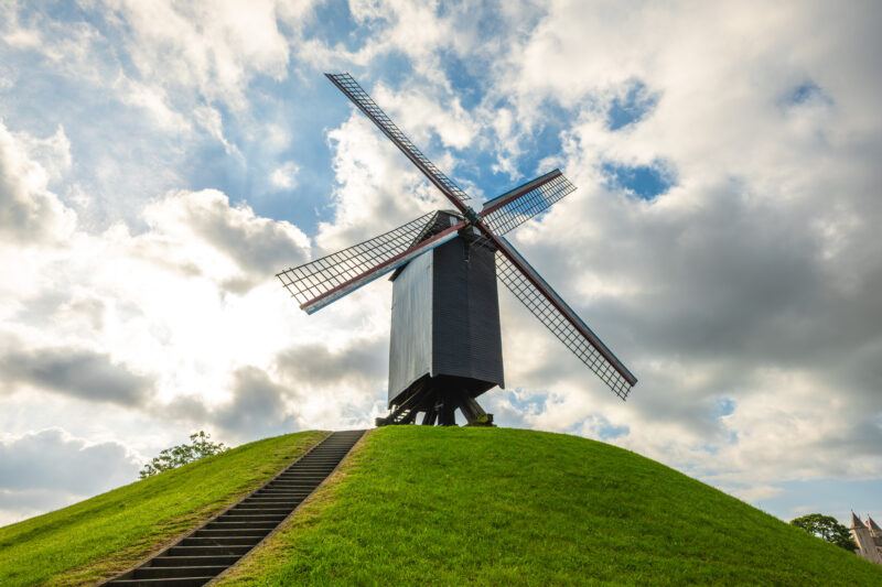 Windmill at Park Kruisvest, part of the old Bruges ramparts, in Belgium