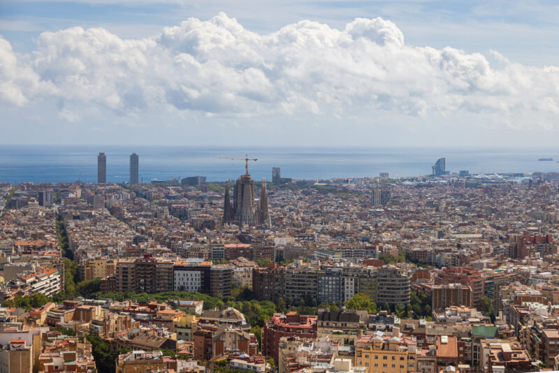 Aerial view over the skyline of Barcelona. Panoramic wide angle view from the summit of Carmel bunkers, a viewpoint from which you can see the whole city. It is located at the top of Turó de la Rovira