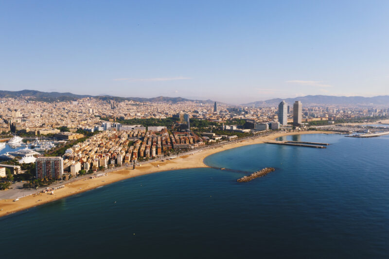Aerial view of Ciutat Vella district with Barceloneta beach Spain