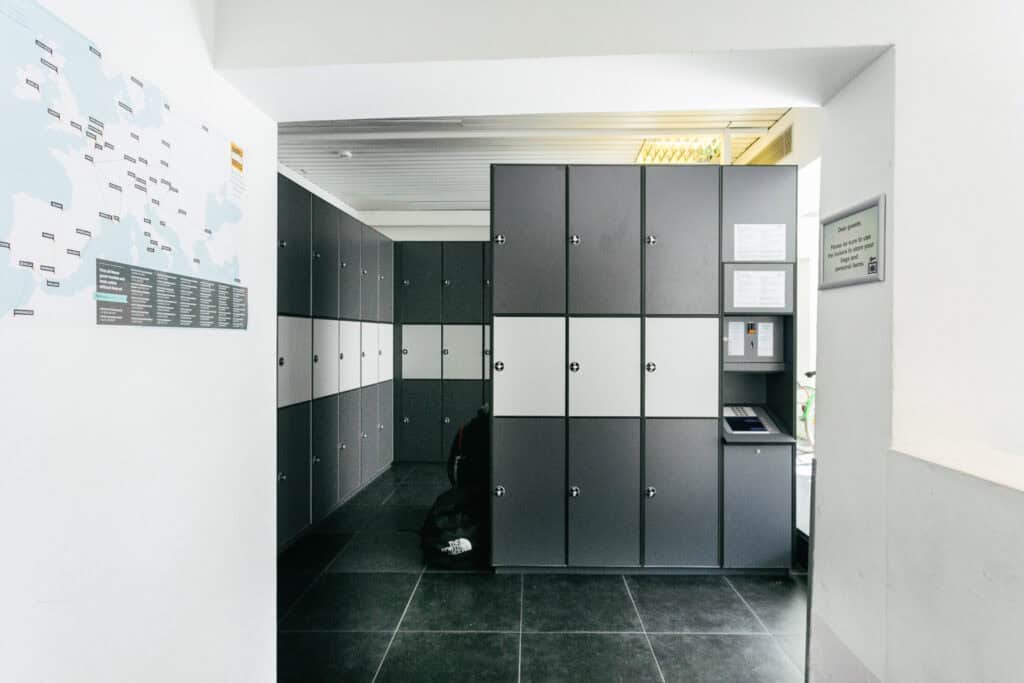 Secure lockers at Mitte Hostel, St Christopher’s Berlin for guest luggage storage.