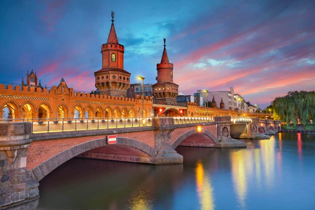 Historic Berlin Bridge over Spree River at Sunset.
