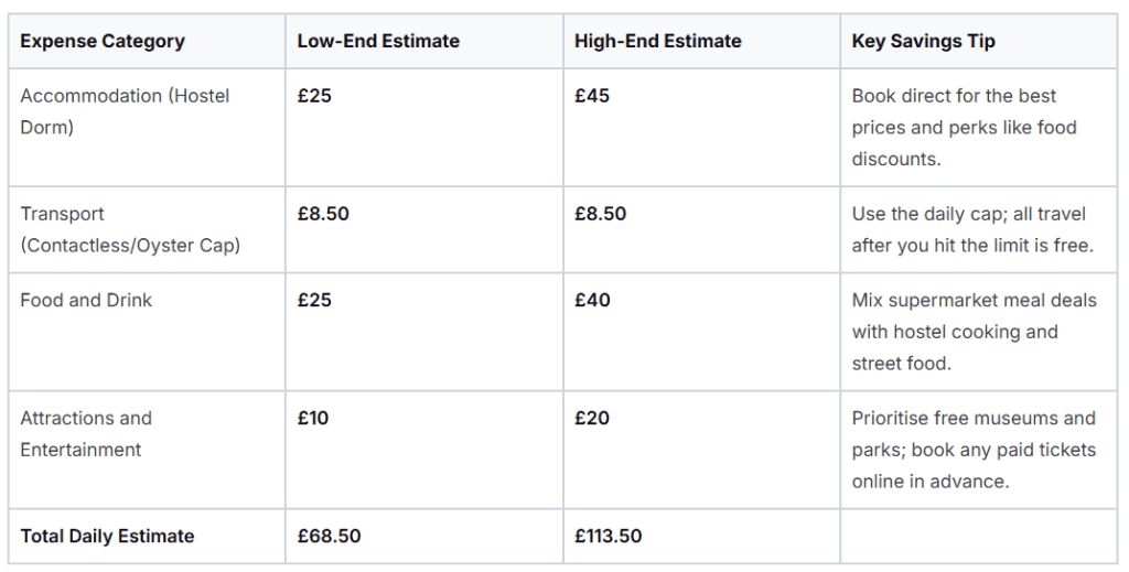 Daily budget for a solo traveller in London