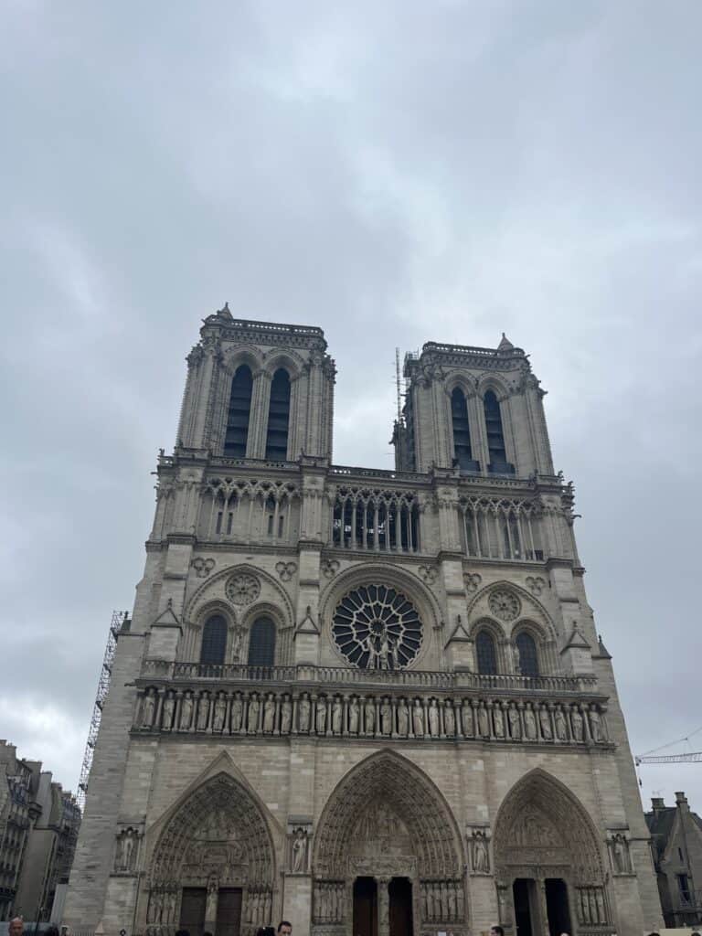 Notre-Dame Cathedral, Gothic architecture, Paris, historic landmark, religious site.