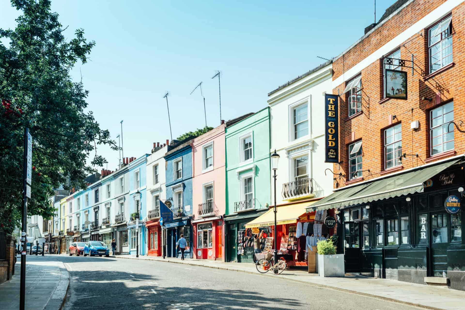 Vibrant street view of Mitte with colourful buildings, cafes, and shops in Berlin, Germany.