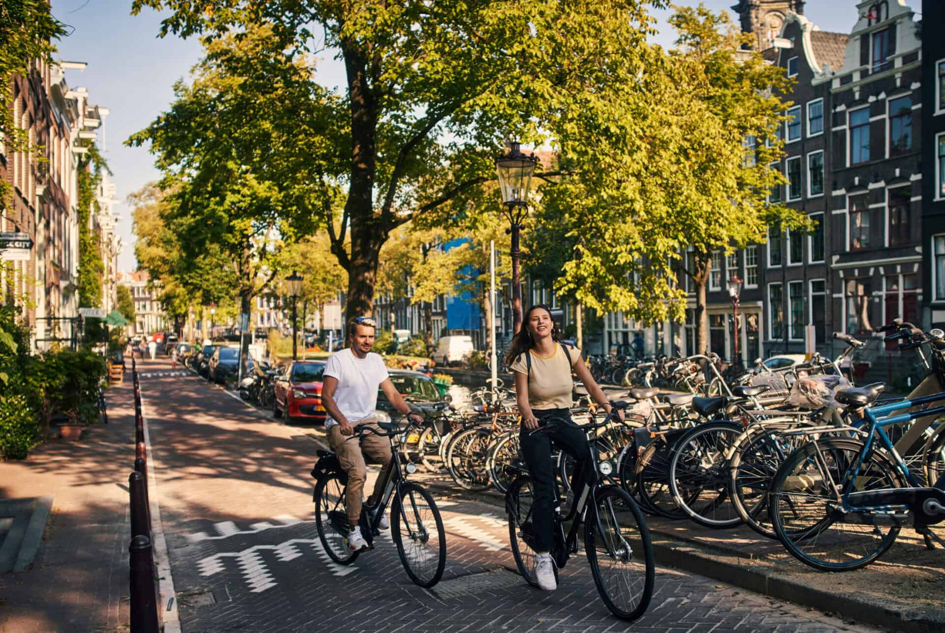 Cyclists riding bikes along a tree-lined street in Berlin's Mitte district, with historic buildings.