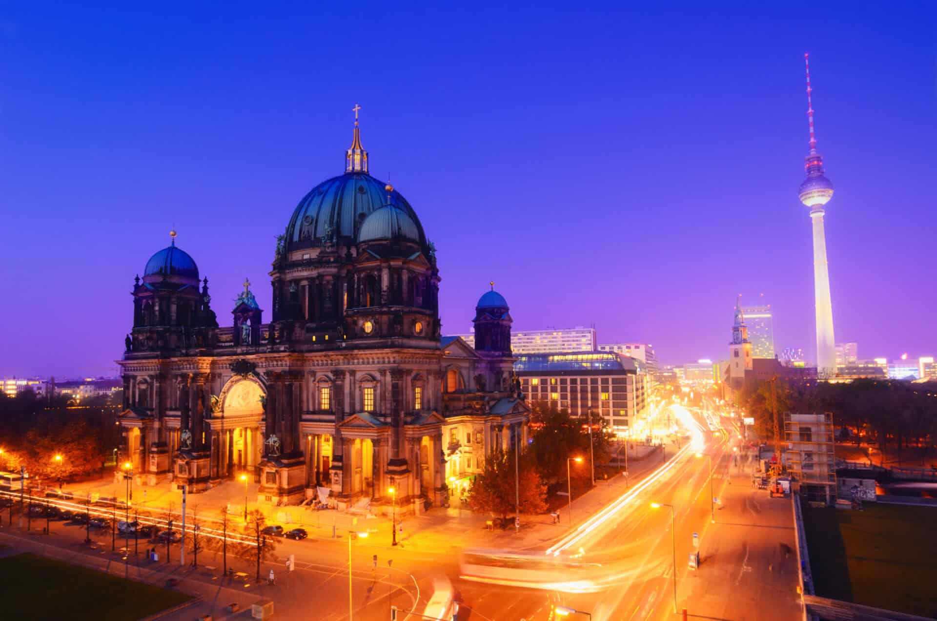 Berlin Cathedral and TV Tower at night, iconic landmarks in Berlin city centre.
