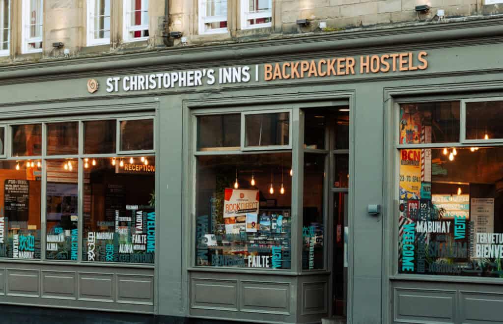 Exterior view of St Christopher’s Berlin hostel in Mitte, showcasing welcoming entrance and vibrant.
