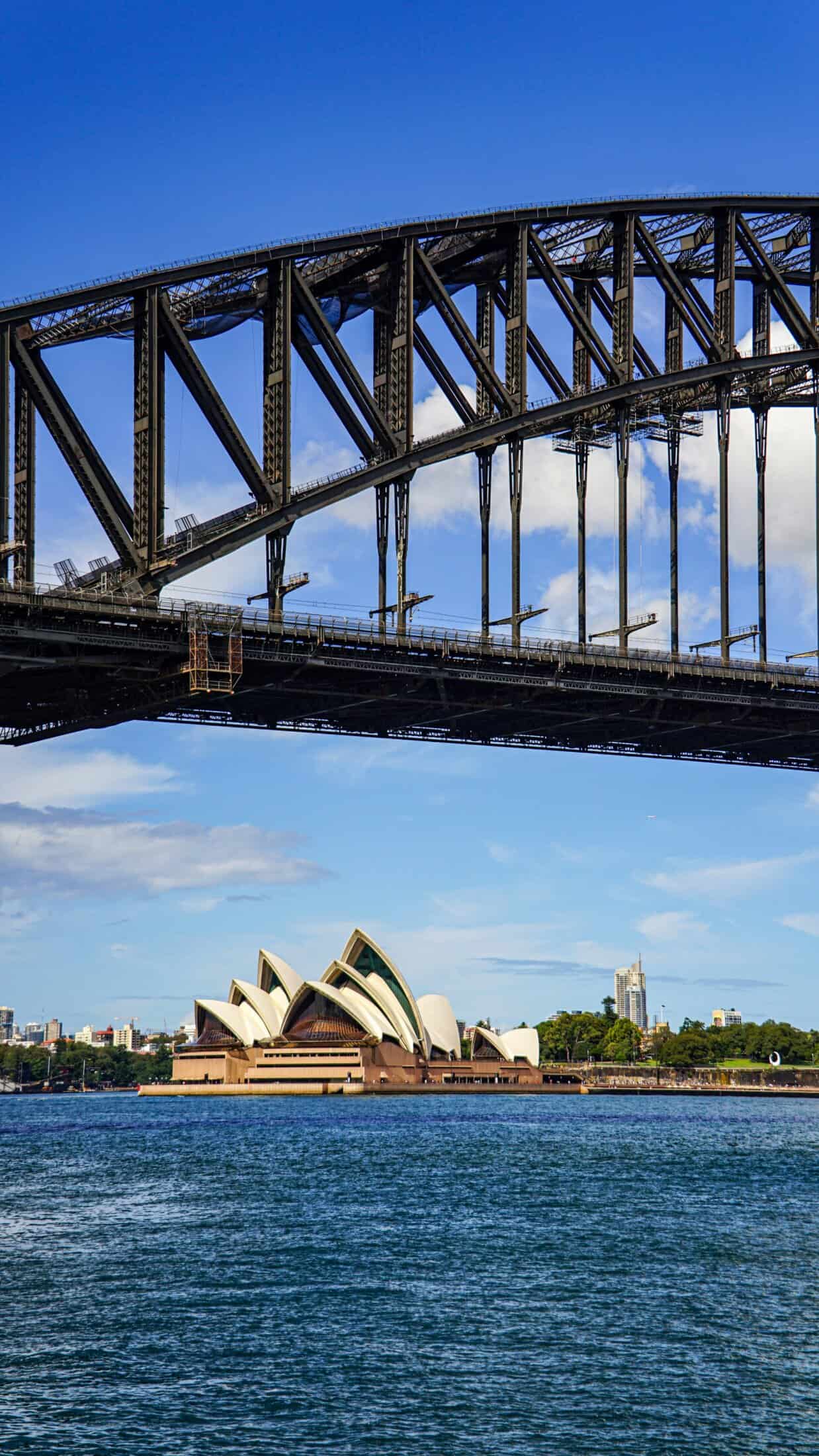 Sydney Harbour Bridge with the Sydney Opera House in the background, showcasing iconic Australian la.