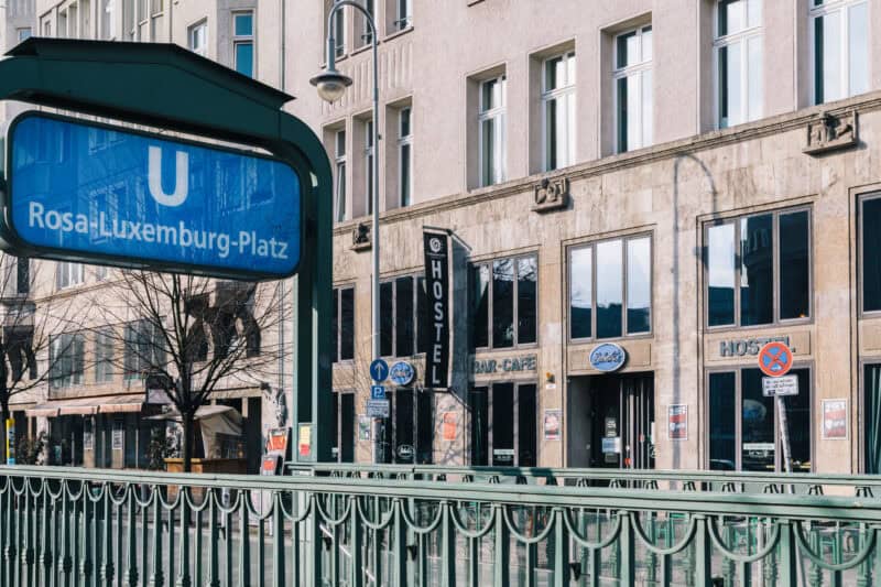 Entrance to Luxemburg-Place subway station with surrounding buildings in Berlin.